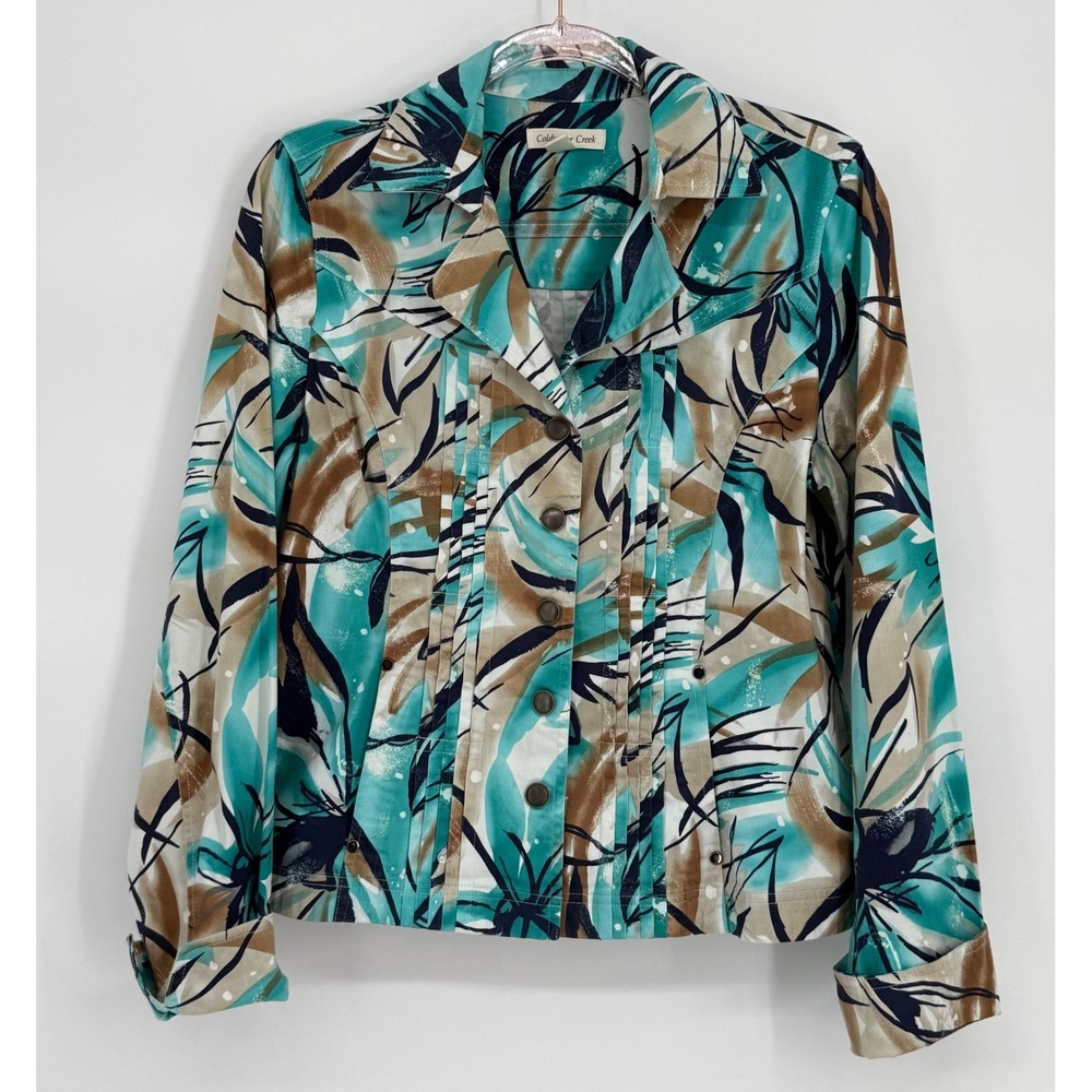 Coldwater Creek Womens Teal Abstract Botanical Pintuck Button Front Jacket Sz 14